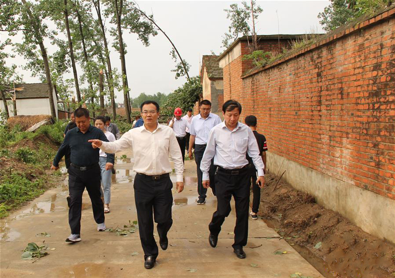 　　邓真晓（前中）在陶老乡察看因强降水和冰雹天气造成的灾害情况（5月17日摄）。新华社发