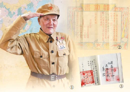 图①②③:张富清敬礼照、报功书、立功证书。朱勇摄